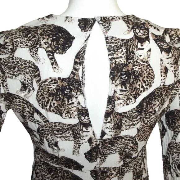 H&M Mini Dress, 4, Wild Cats, White/Brown, Long sleeves, big keyhole back - Picture 9 of 15
